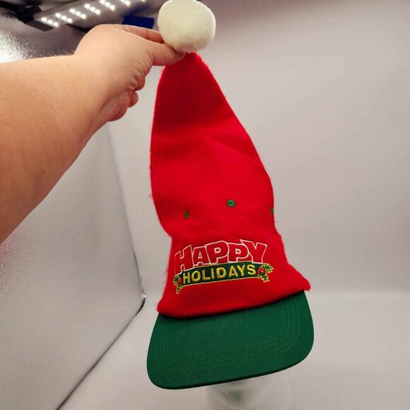 Vintage Santa Claus Cap Happy Holidays Embroidered Snapback Hat Long Pointed Elf - Picture 2 of 7
